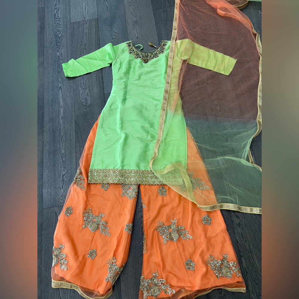 Green & Orange Embroidered Indian Outfit